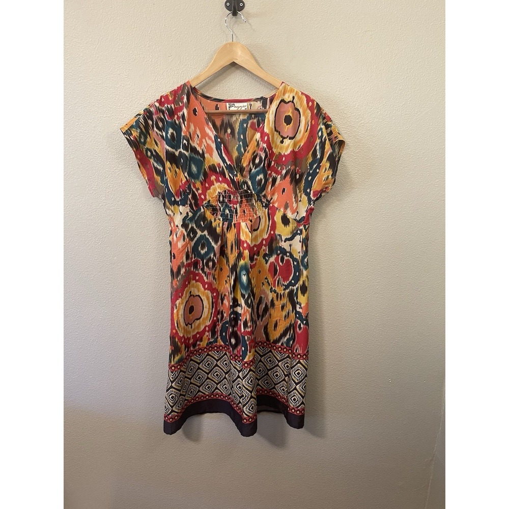 Magazine Ikat Print Silk Dress Maximalist Boho Art To Wear Vibrant Colorful Sz M